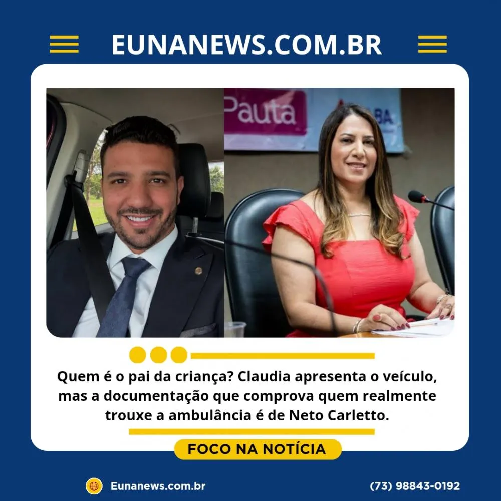 Quem é o pai da criança? Claudia apresenta o veículo, mas a documentação que comprova quem realmente trouxe a ambulância é de Neto Carletto.