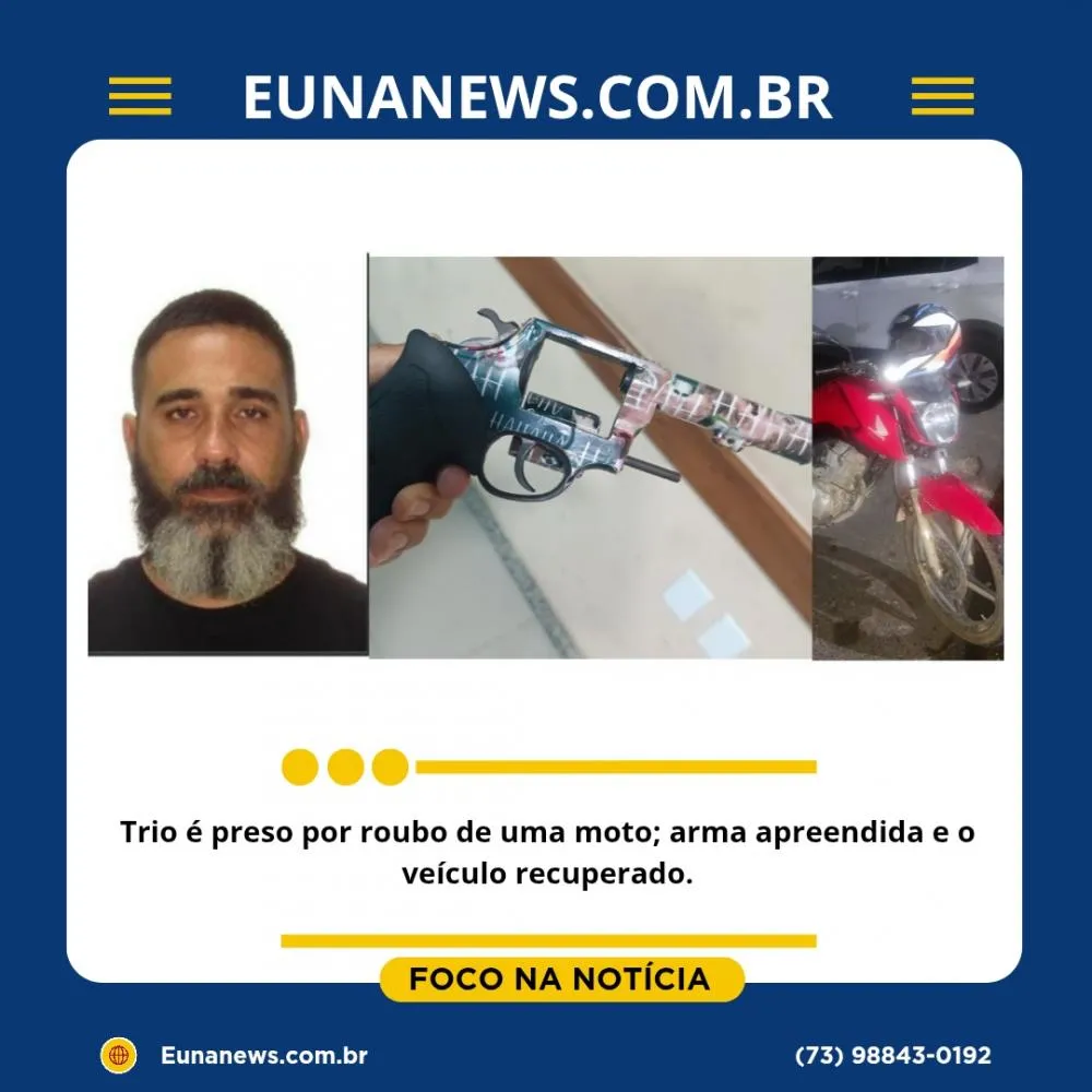 Trio é preso por roubo de uma moto; arma apreendida e o veículo recuperado.
