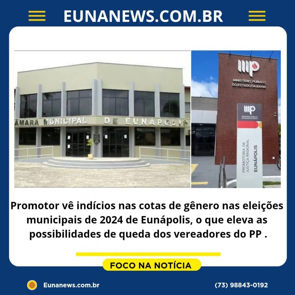 Promotor vê indícios de irregularidades nas cotas de gênero nas eleições municipais de 2024 de Eunápolis, o que eleva as possibilidades de queda dos vereadores do PP .