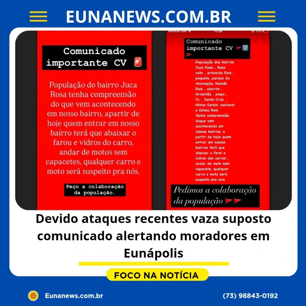 Devido ataques recentes vaza suposto comunicado alertando moradores em Eunápolis